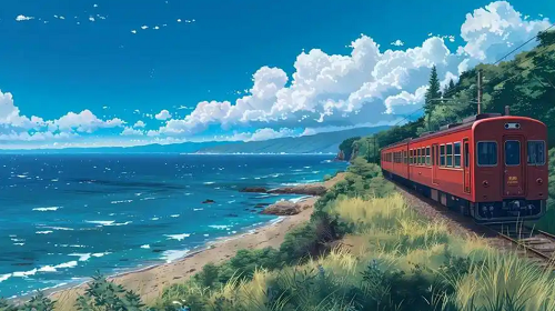 她坐火车到海边